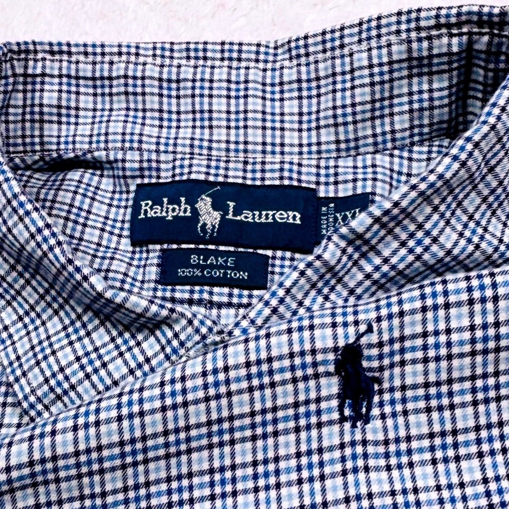 Polo Ralph Lauren Button Shirt Men XXL Blue White Check Plaid Long Sleeve Preppy
